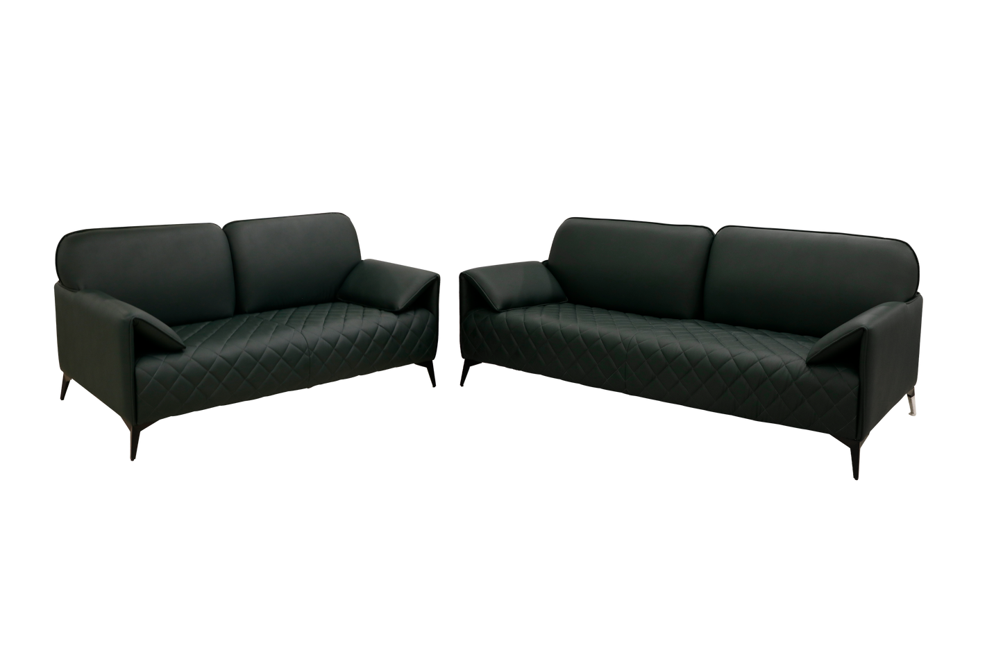 Green leather sofa featuring a stylish quilted pattern, showcasing a modern and elegant design.