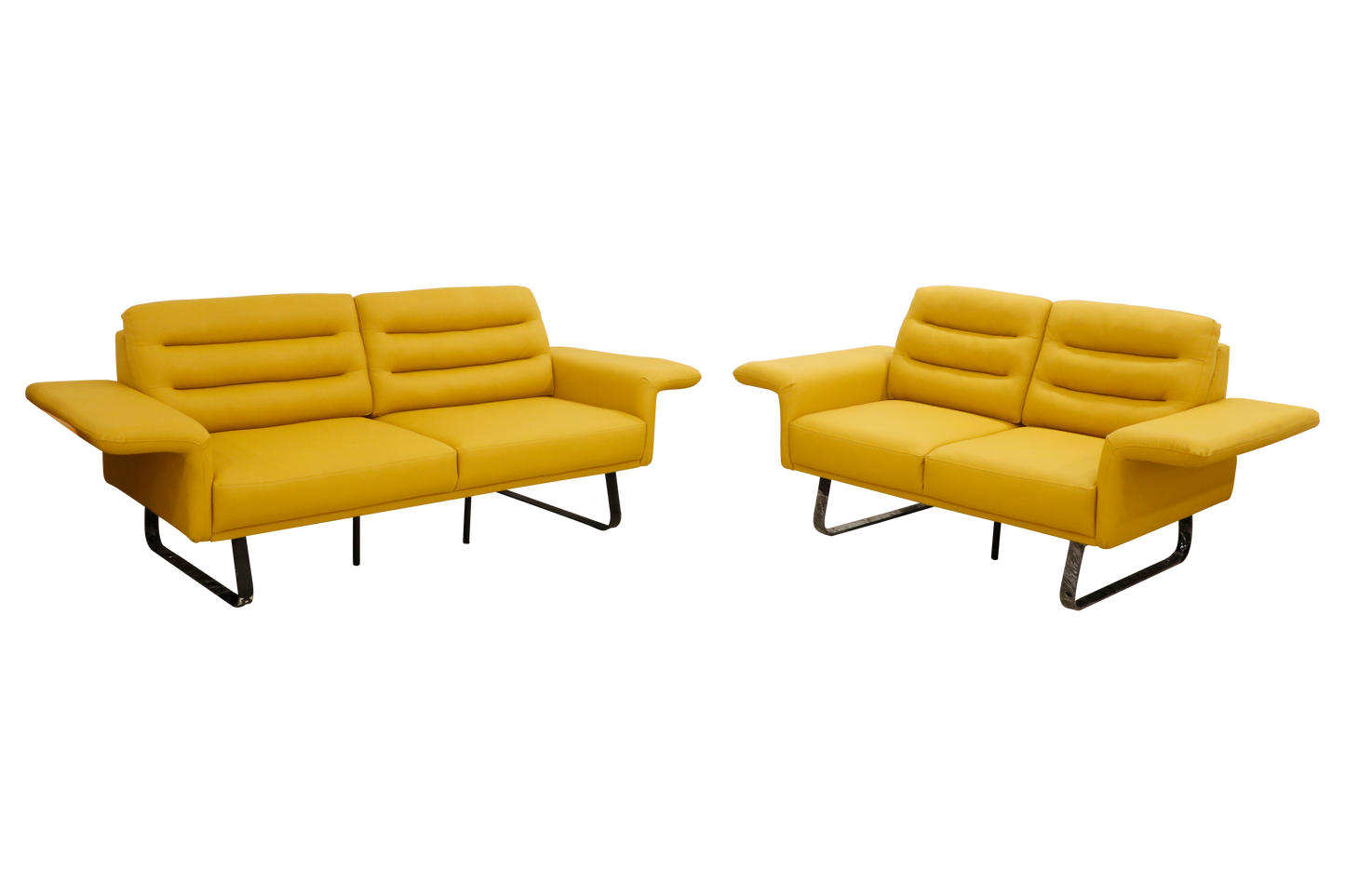 A modern yellow sofa with padded backrests and wide armrests, featuring black metal legs, set against a plain blue background.