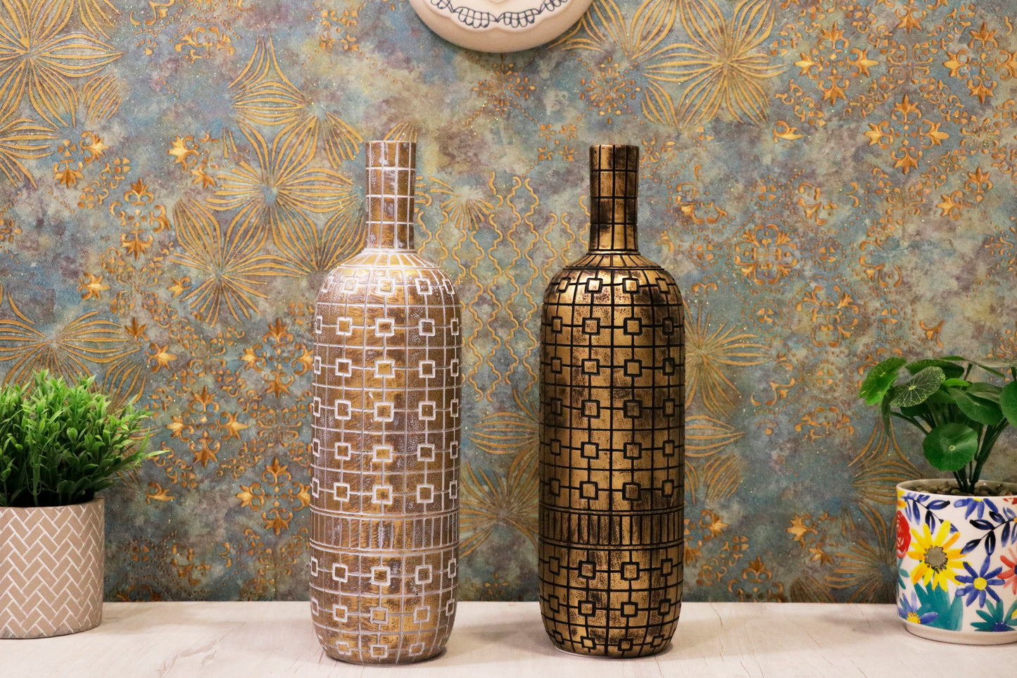 Geometric Antique Gold Bottle Vase