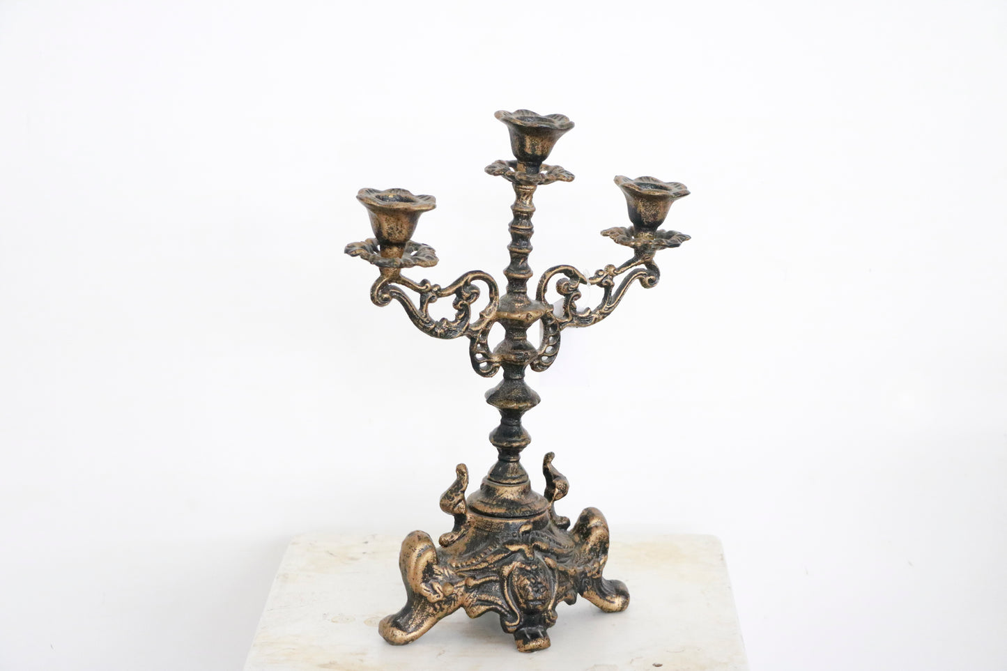 Vintage Cast Iron 3-Arm Candle Holder gold
