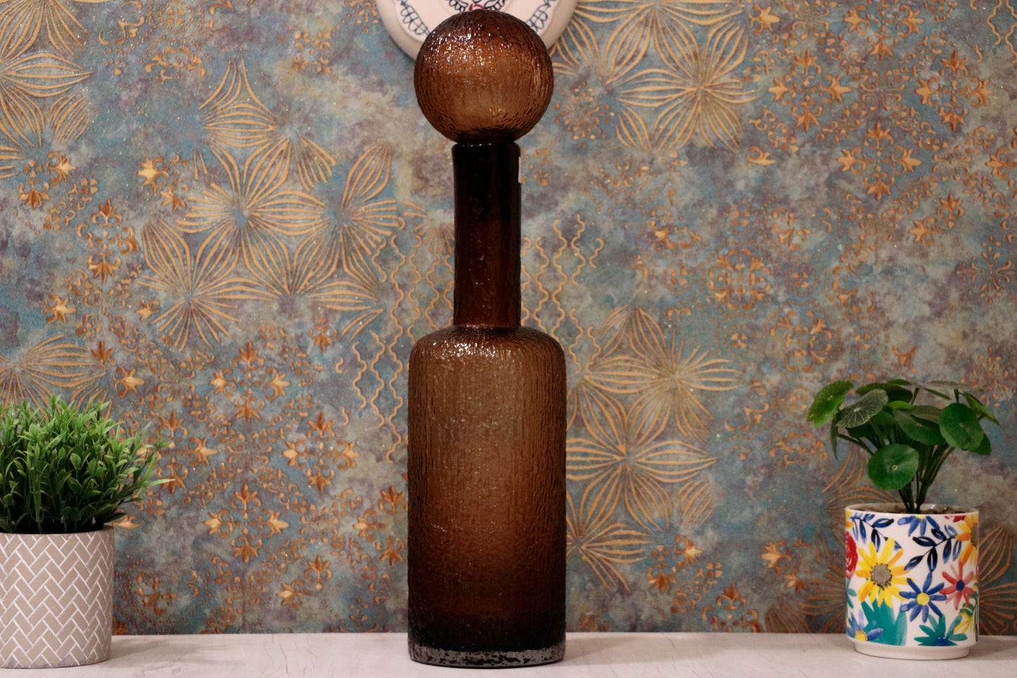 Amber Textured Decorative Glass Bottle with Stopper