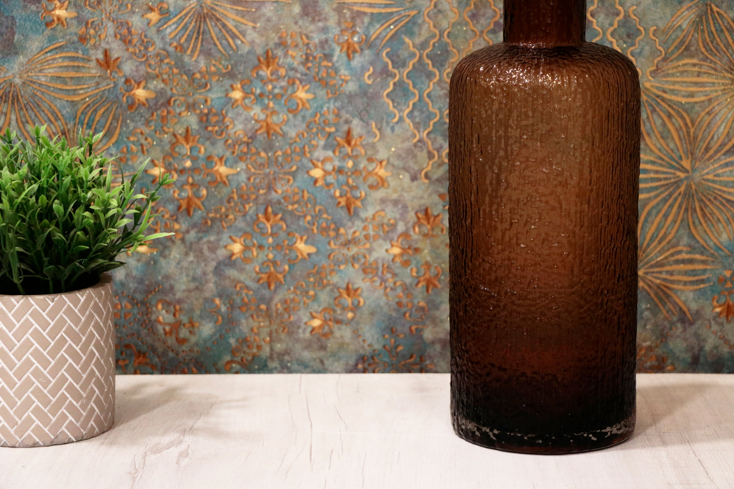 Amber Textured Decorative Glass Bottle with Stopper