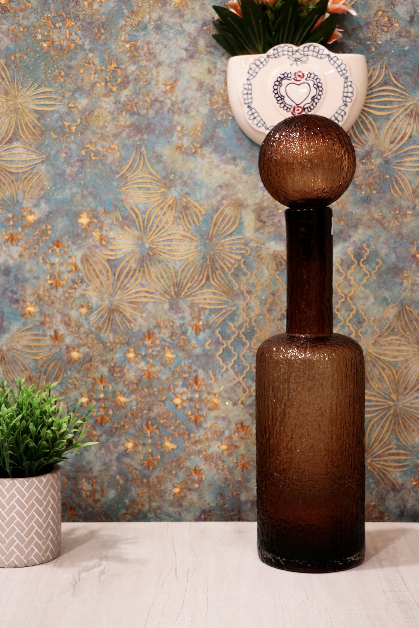 Amber Textured Decorative Glass Bottle with Stopper