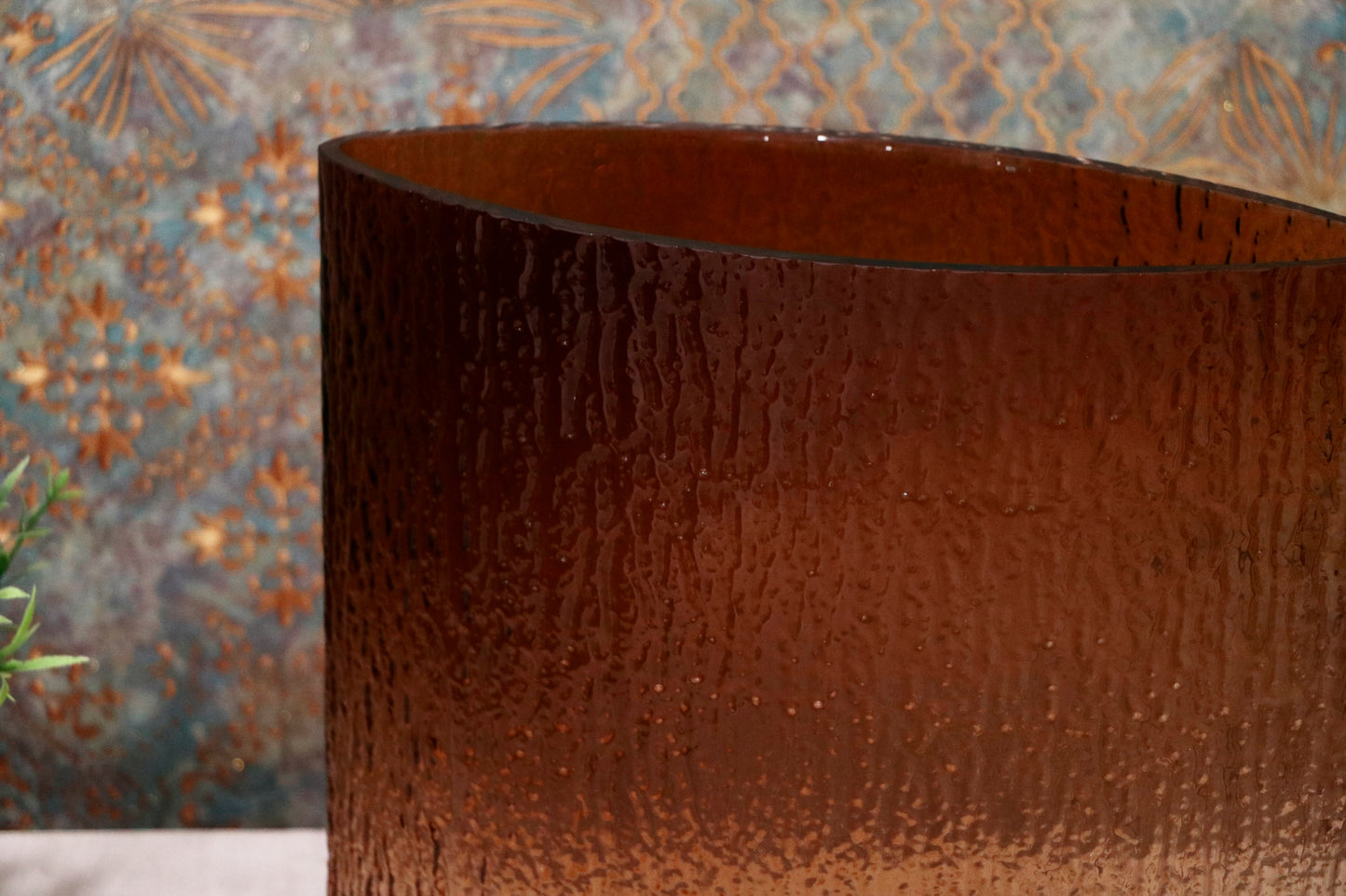 Wide Amber Textured Glass Vase