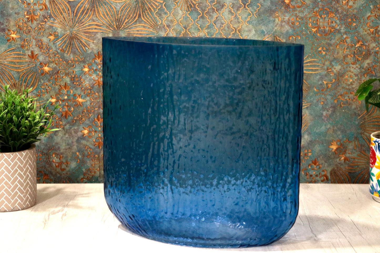 Wide Blue Textured Glass Vase
