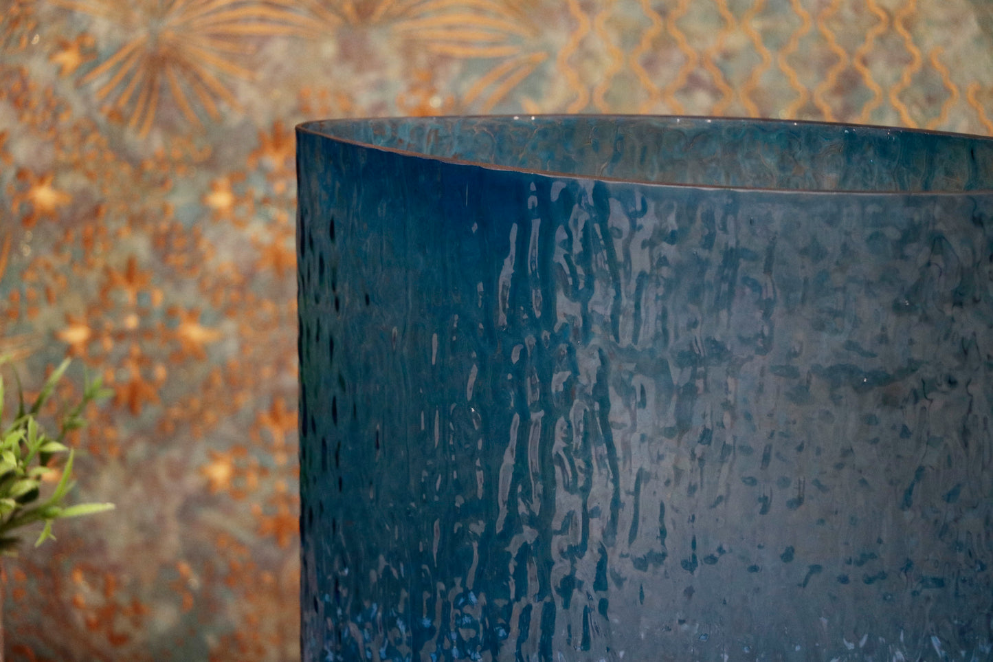 Wide Blue Textured Glass Vase