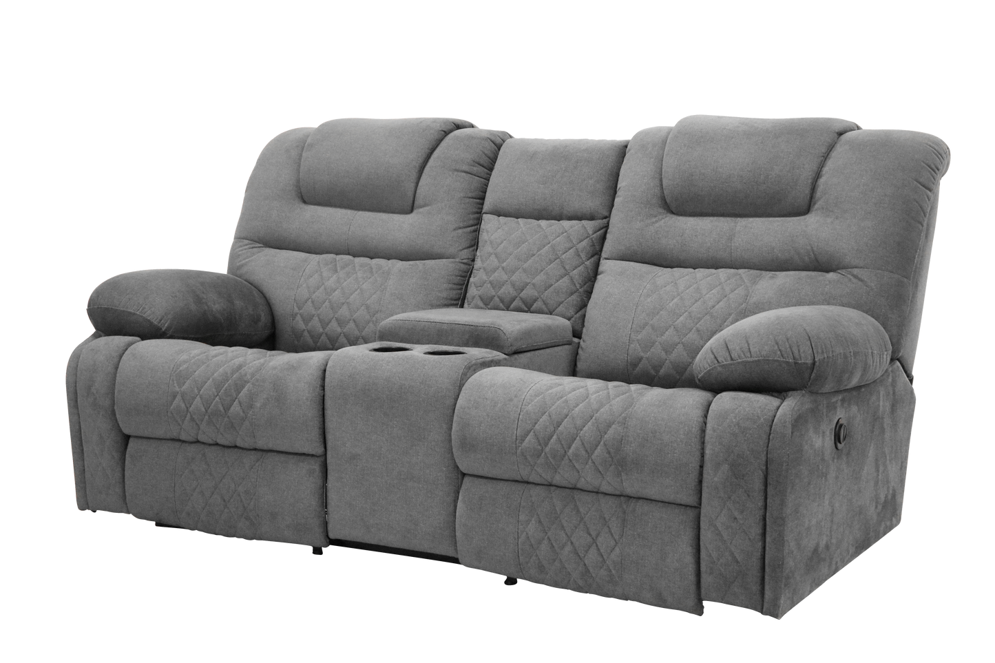 A stylish reclining loveseat upholstered in soft gray fabric, ideal for relaxation