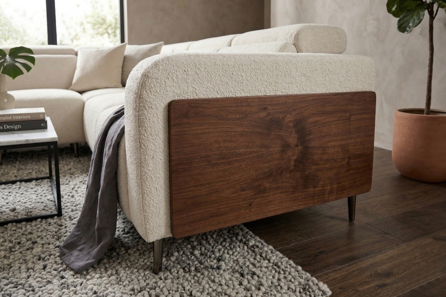 Luxury Cream L-Shape Recliner Sectional Sofa with Wooden Accents