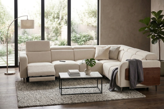 Luxury Cream L-Shape Recliner Sectional Sofa with Wooden Accents
