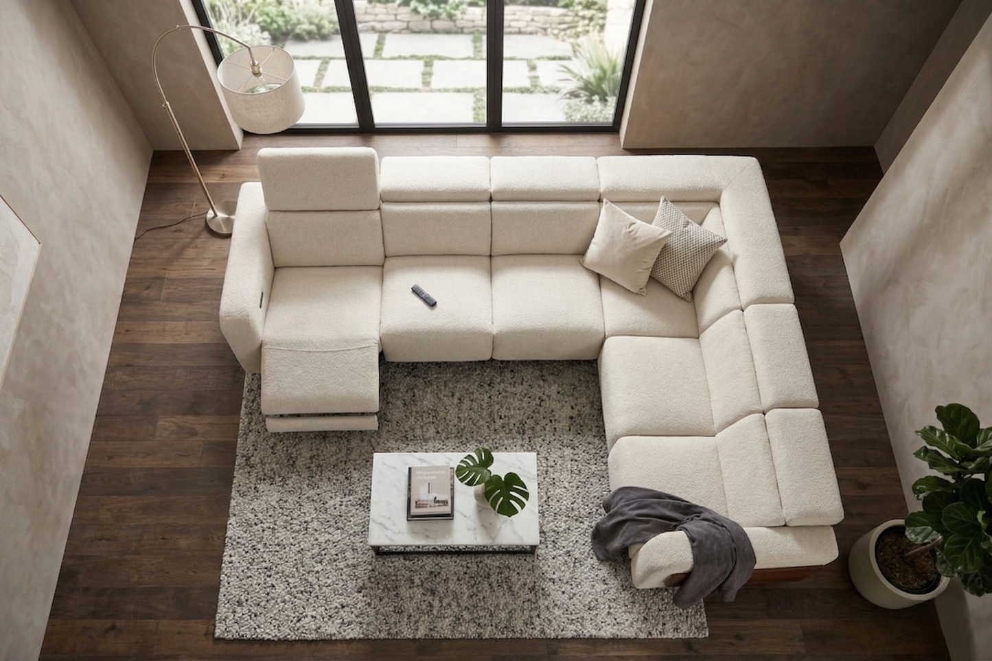 Luxury Cream L-Shape Recliner Sectional Sofa with Wooden Accents