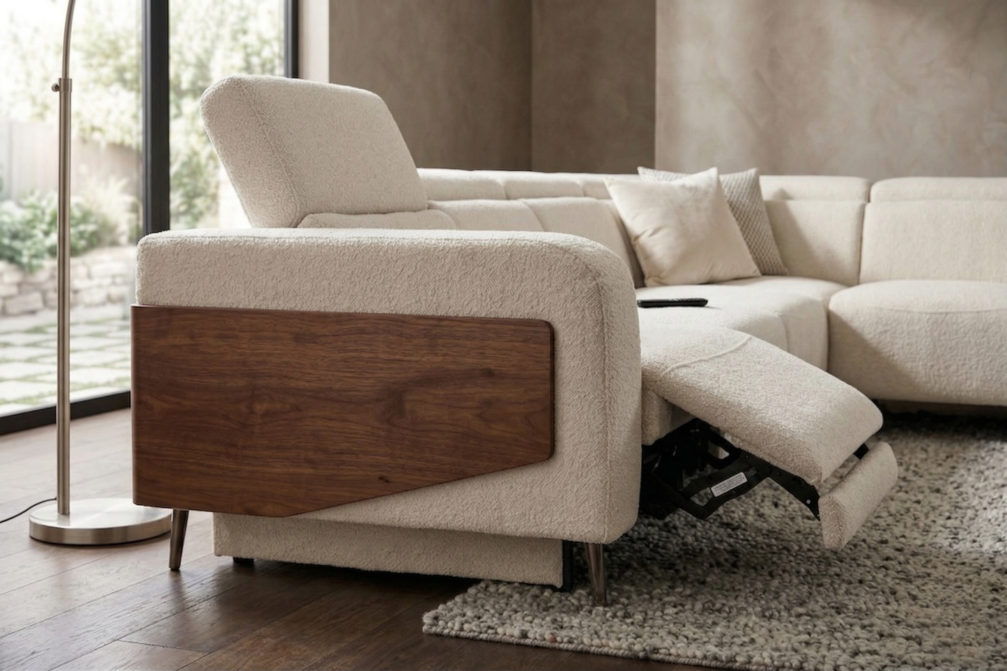 Luxury Cream L-Shape Recliner Sectional Sofa with Wooden Accents