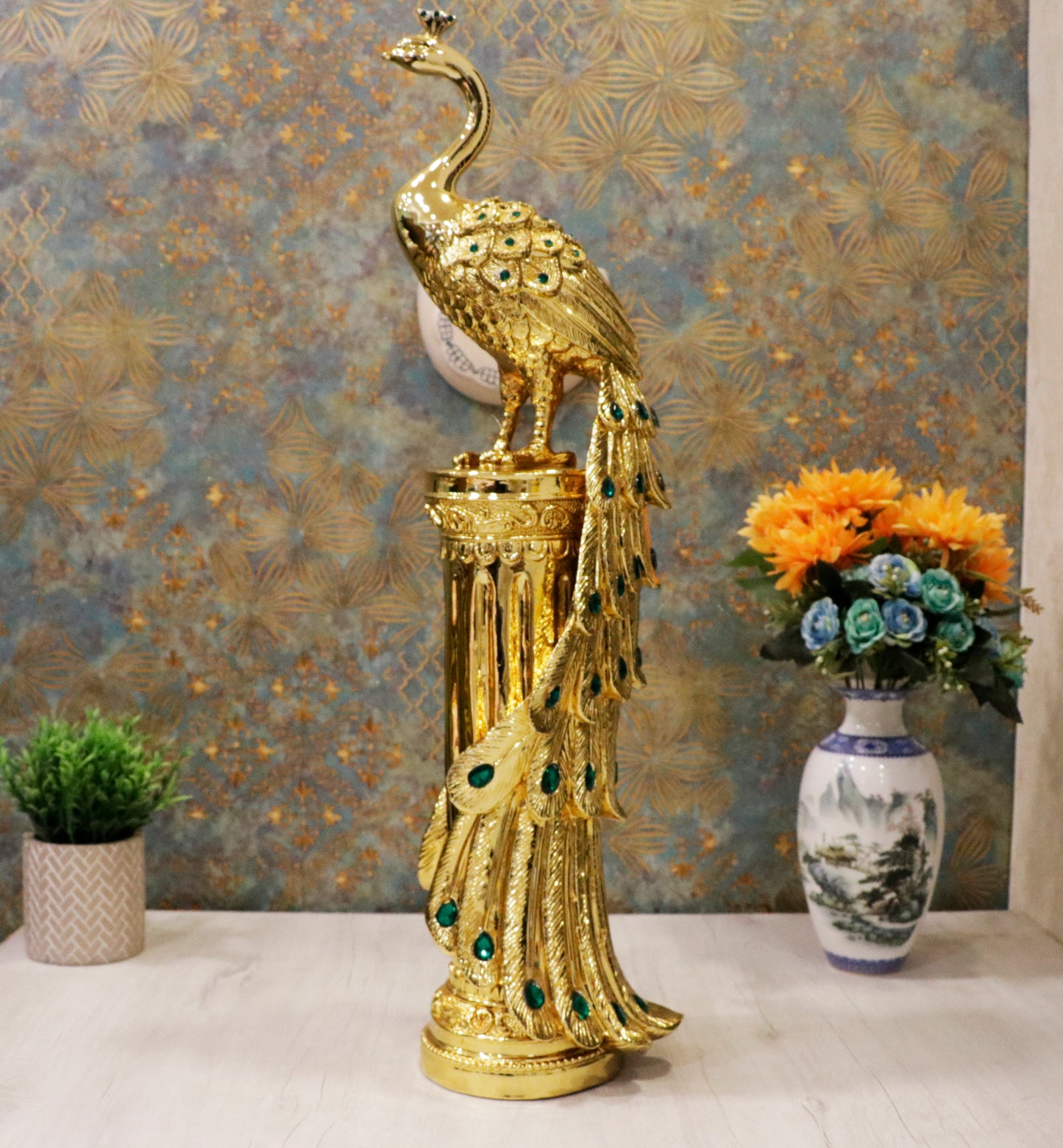 Golden Grace – Tall Peacock Accent Piece