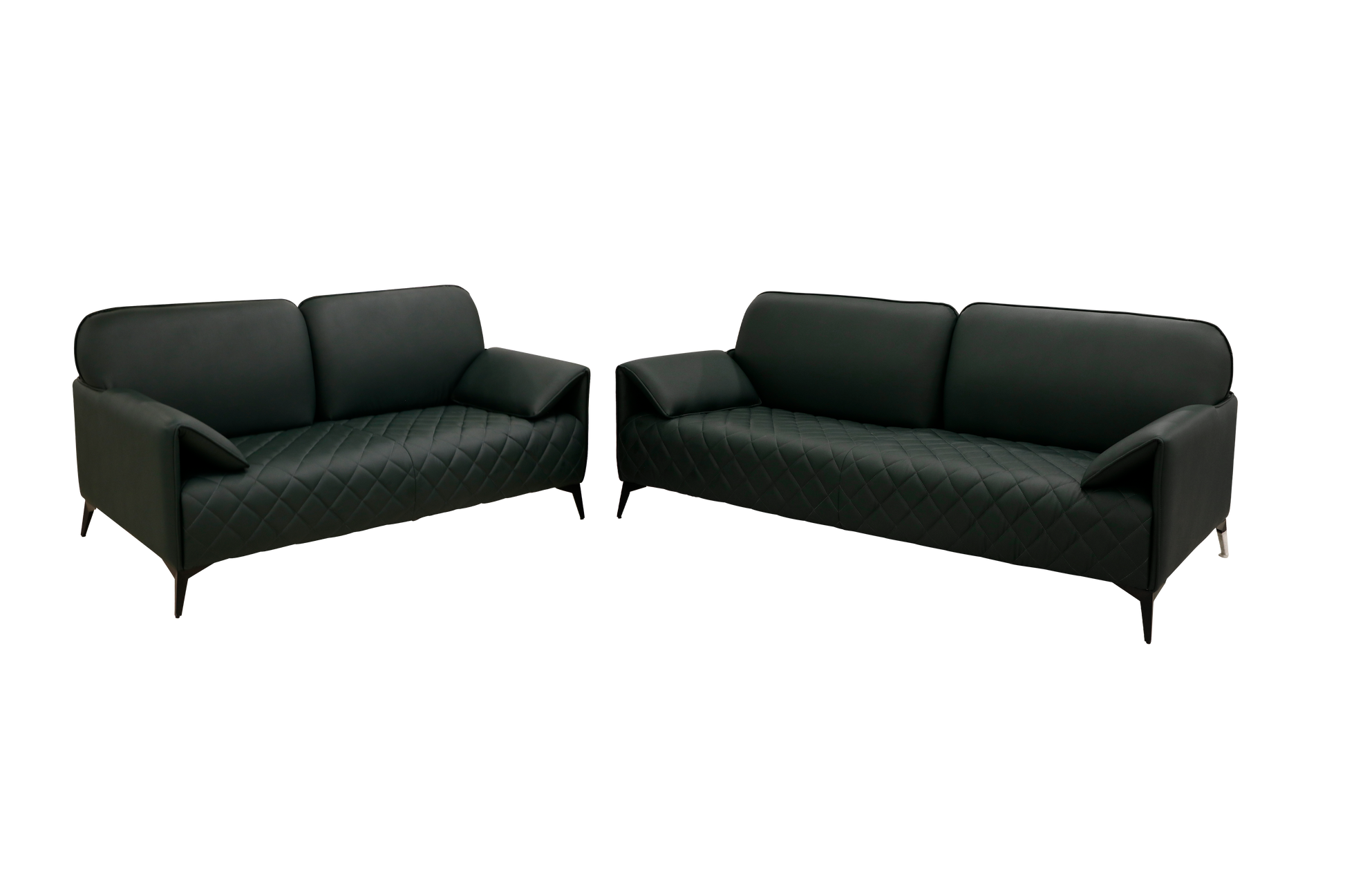 Green leather sofa featuring a stylish quilted pattern, showcasing a modern and elegant design.