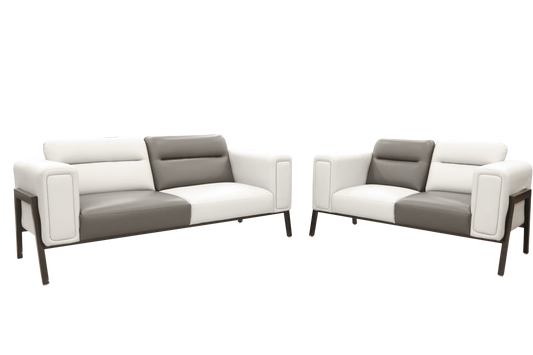 A pair of contemporary couches upholstered in gray and white leather, showcasing a sleek and elegant design.
