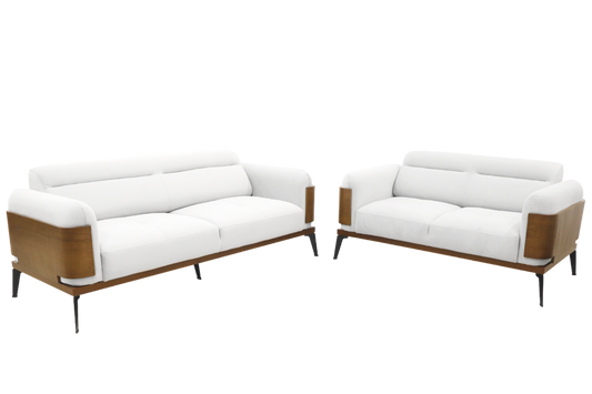 A modern white couch with wooden legs and a plush white cushion, ideal for enhancing any living room aesthetic.