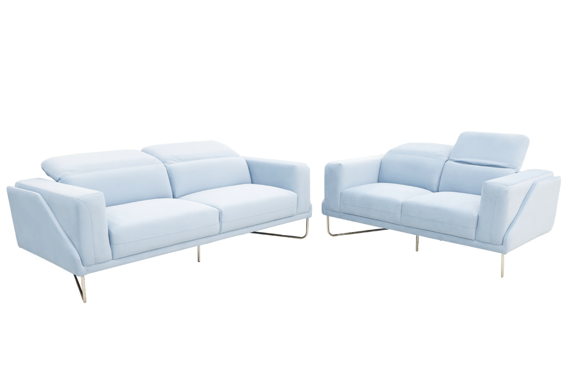A light blue couch featuring two pillows, offering a comfortable and stylish addition to the living space.