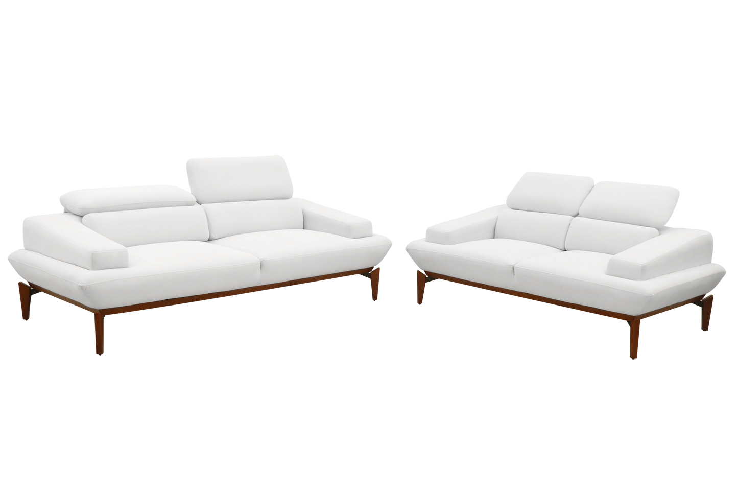 contemporary white leather couch supported by a wooden frame, combining comfort and sophistication.