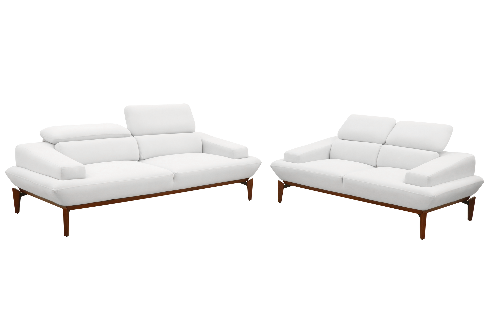 contemporary white leather couch supported by a wooden frame, combining comfort and sophistication.
