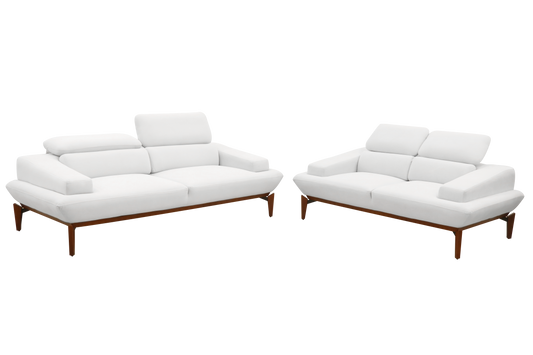 contemporary white leather couch supported by a wooden frame, combining comfort and sophistication.