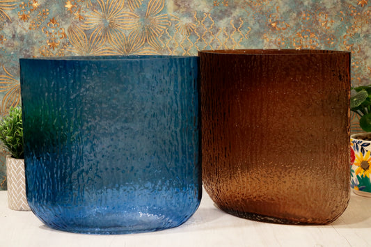 Wide Blue Textured Glass Vase