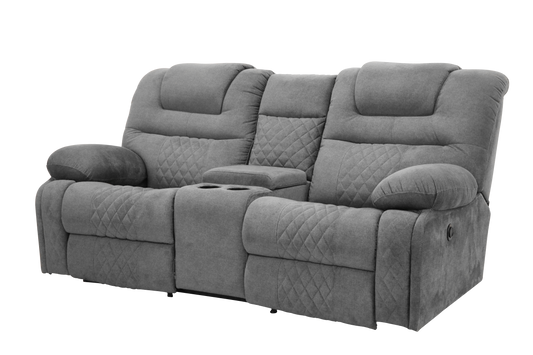 A stylish reclining loveseat upholstered in soft gray fabric, ideal for relaxation